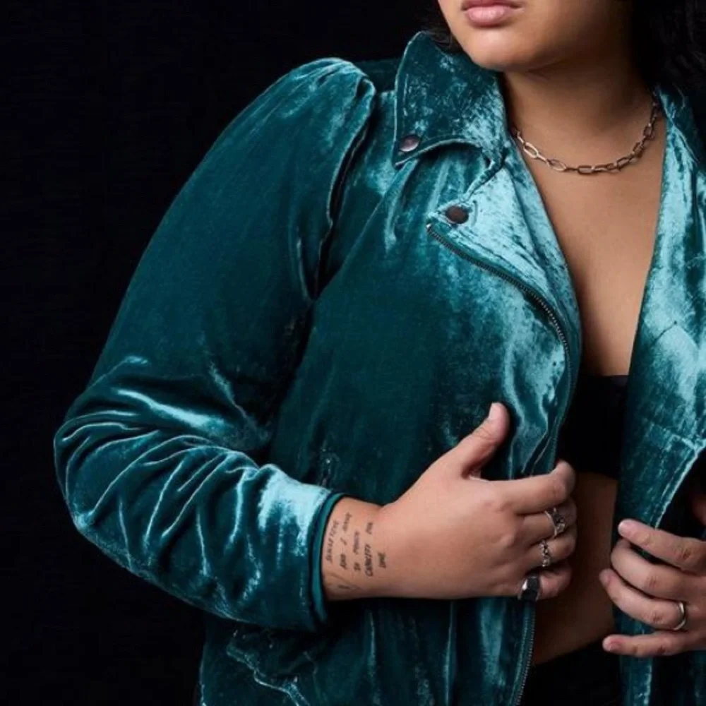 Torrid | Velvet Moto Jacket – Botanical Garden Green – Luxe Soft Texture - Picture 2 of 14